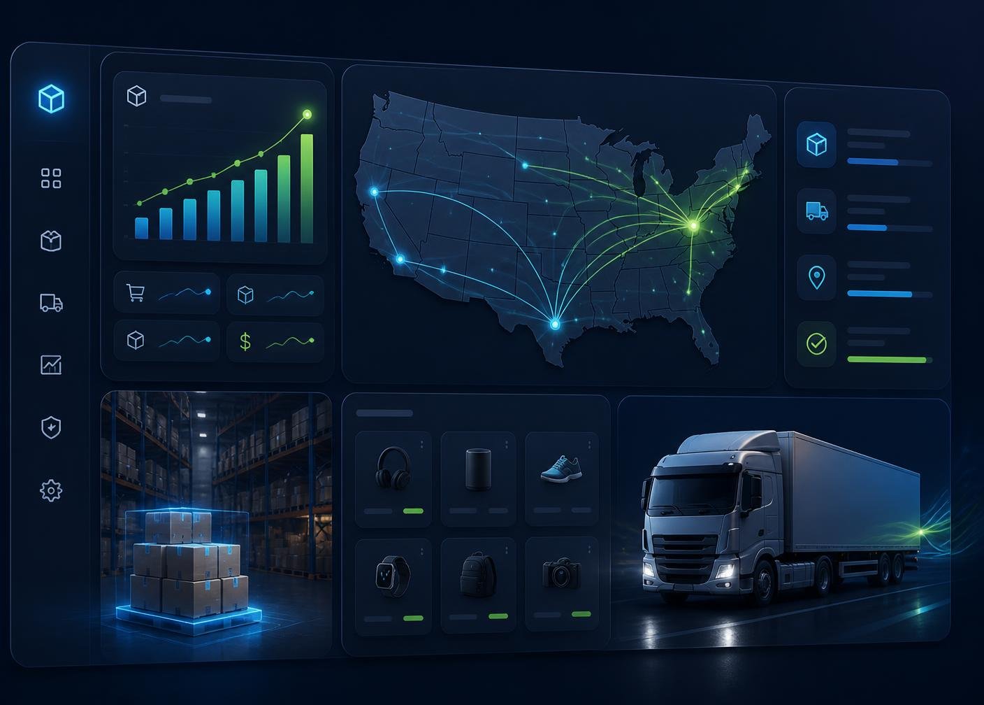 Desert Bloom Co warehouse dashboard showing US shipping routes, live order analytics, and same-day fulfillment